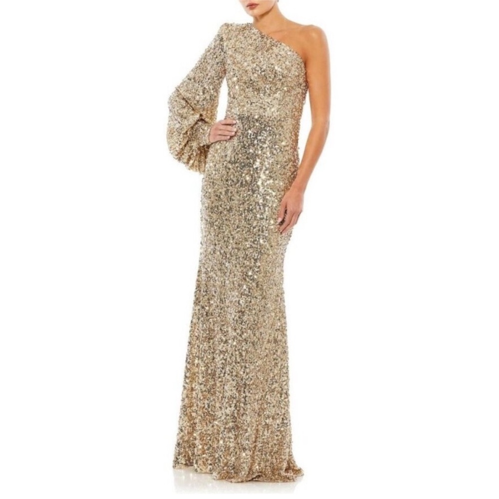 IEENA MAC DUGGAL Sequined One Shoulder Bishop Sleeve Trumpet Gown Gold 26717